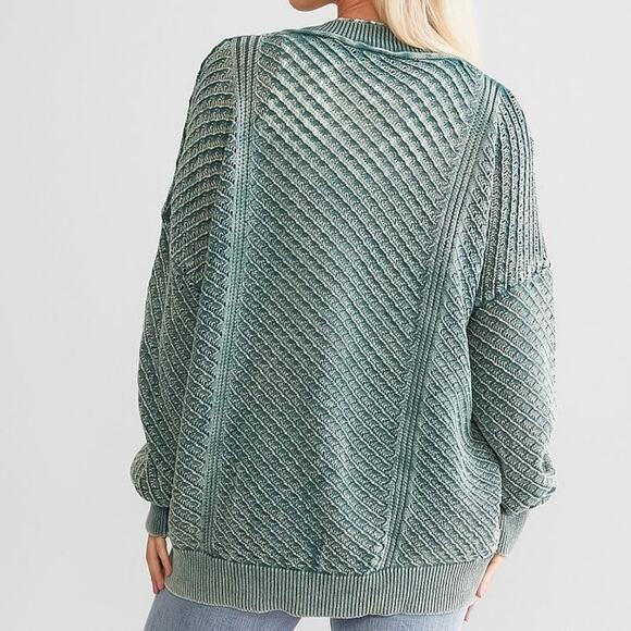 BKE Washed Notch Neck Oversized Cotton Open Weave Jasper Green Sweater Size S - Picture 11 of 14